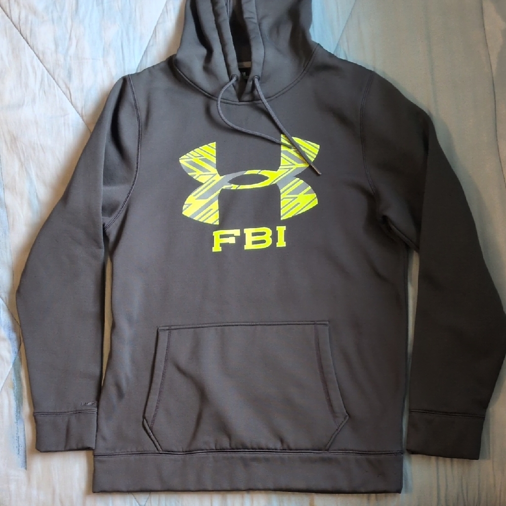 Under Armour Charcoal Hoodie with Neon Yellow Logo and FBI Text Men's Medium